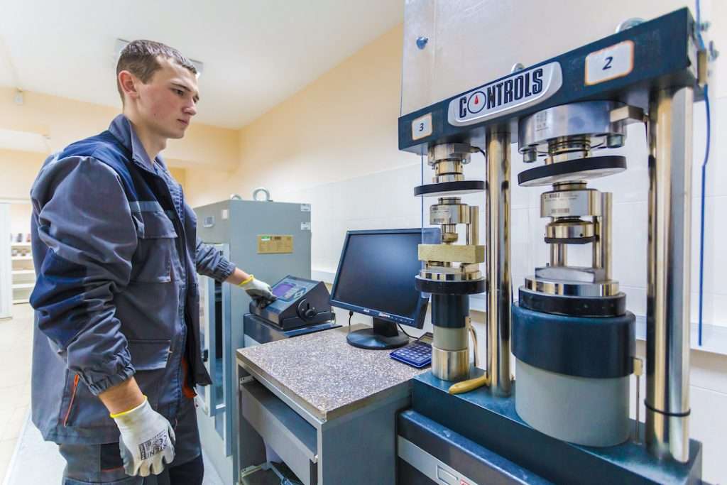 Laboratory for concrete production. The staff and workers of the Lab for concrete production. Technological processes of concrete production
